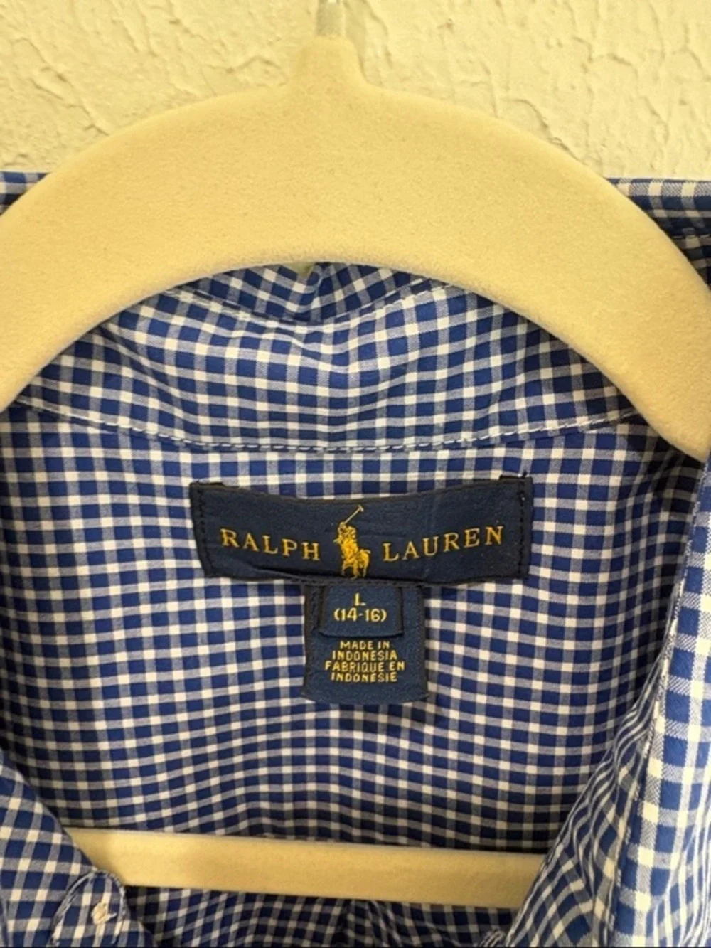 Ralph Lauren Boys Blue & White Gingham Button-Down Shirt with Orange Pony